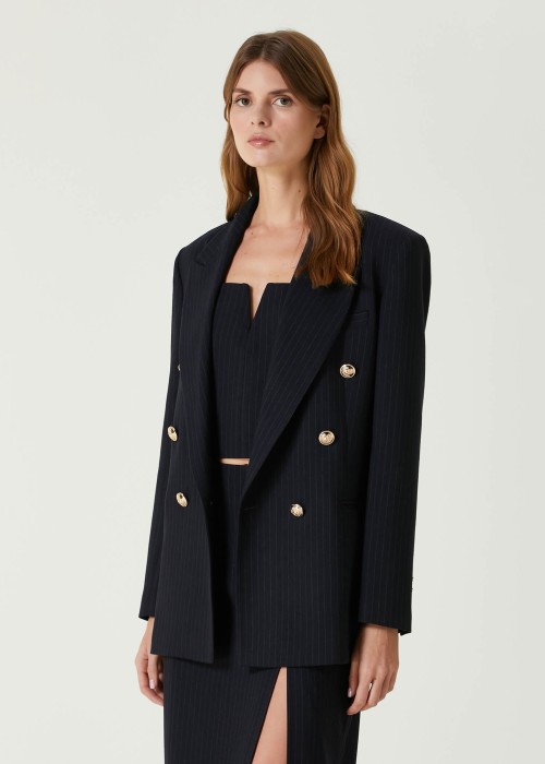 Navy Blue Striped Double Breasted Jacket