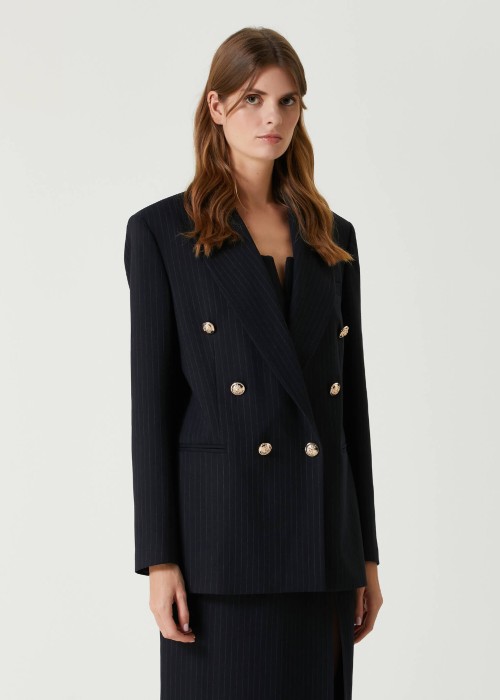 Navy Blue Striped Double Breasted Jacket